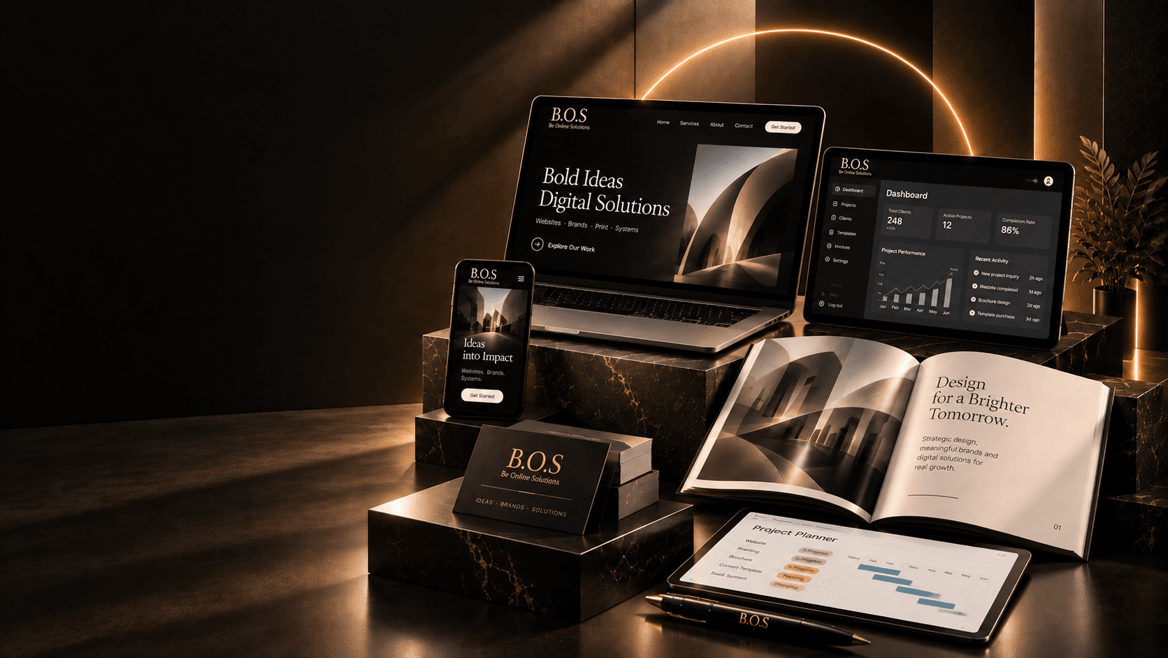 B.O.S Be Online Solutions studio composition with laptop, tablet, phone and brand materials